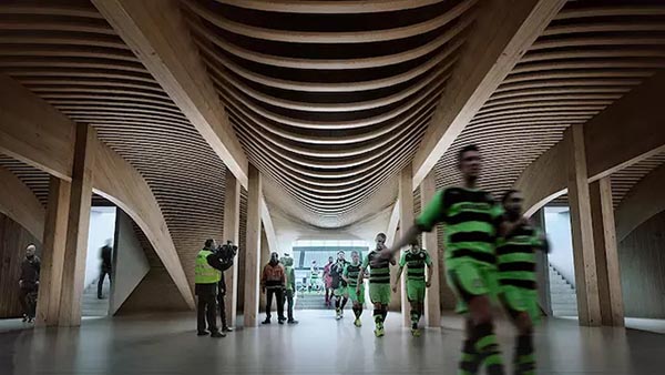 扎哈事務(wù)所設(shè)計(jì)首個(gè)用木材建造的足球場(chǎng)